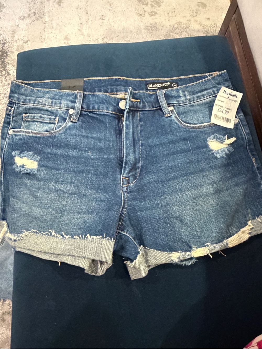 Blank NYC Rolled Hem Distressed Indigo Denim Shorts